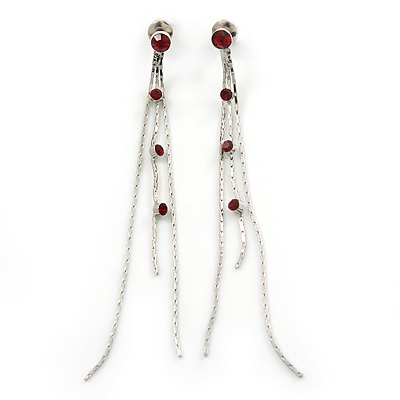 Silver Tone Red Crystal Tassel Drop Earrings - 75mm L