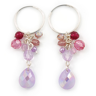 Pink/ Lavender Acrylic Bead Small Hoop Earrings In Silver Tone - 50mm L