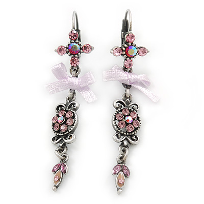 Vintage Inspired Pink Crystal, Lavender Fabric Bow Drop Earrings With Leverback Closure In Pewter Tone - 65mm L