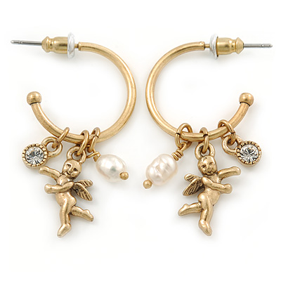 Gold Tone Small Angel, Freshwater Pearl, Crystal Hoop Earrings - 35mm L