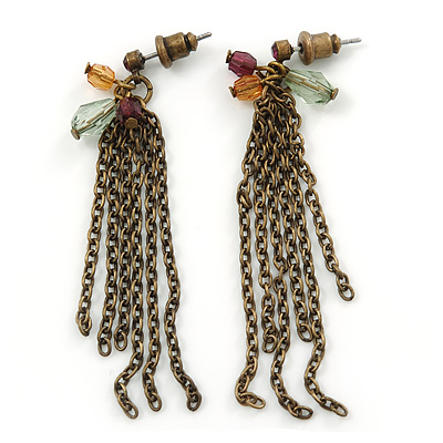 Vintage Inspired Multi Chain Drop Earrings In Bronze Tone - 60mm L