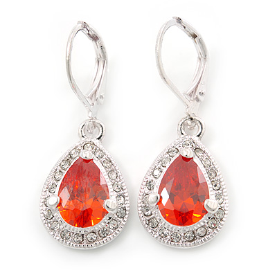 Red/ Clear CZ Drop Earrings With Leverback Closure In Rhodium Plating - 33mm L - main view