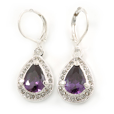 Amethyst/ Clear CZ Drop Earrings With Leverback Closure In Rhodium Plating - 33mm L