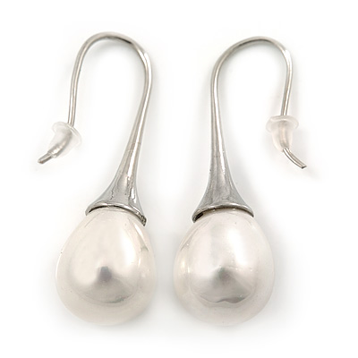 Bridal/ Wedding White Teardrop Pearl Style Earrings In Silver Tone - 40mm L - main view