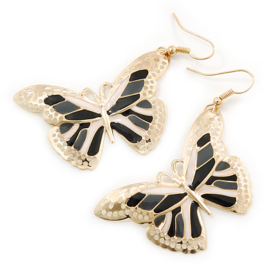 Lightweight Black/ Grey/ White Enamel Butterfly Drop Earrings In Gold Tone - 60mm L