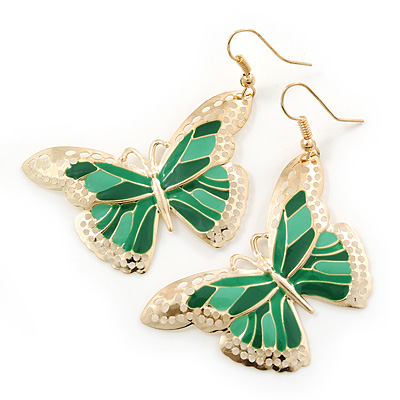 Lightweight Green Enamel Butterfly Drop Earrings In Gold Tone - 60mm L