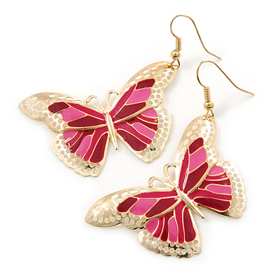 Lightweight Pink Enamel Butterfly Drop Earrings In Gold Tone - 60mm L