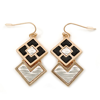 Black/ Silver Two Square Drop Earrings In Gold Tone - 40mm L