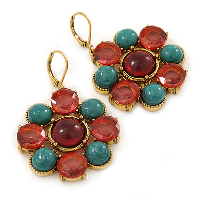 Turquoise, Pink Glass Stone Floral Drop Earrings With Leverback Closure In Gold Tone - 50mm L