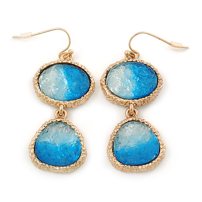 Blue Textured Glass Stone Double Oval Drop Earrings In Gold Tone - 50mm L