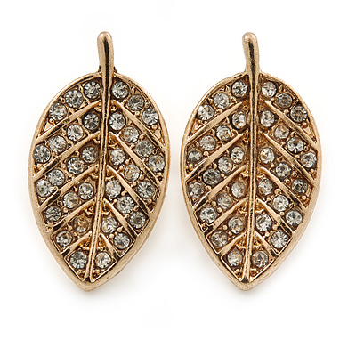 Small Clear Crystal Leaf Stud Earrings In Gold Tone - 20mm L