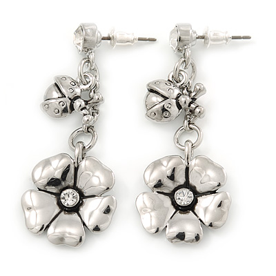 Flower and Ladybug Drop Earrings In Polished Rhodium Plating - 45mm L - main view