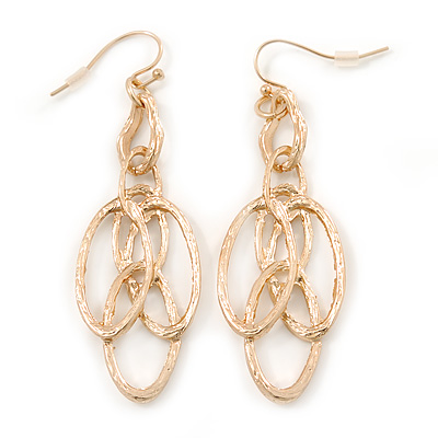 Gold Tone, Textured Oval Link Contemporary Drop Earrings - 65mm L