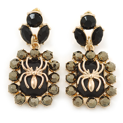Gold Tone Black/ Hematite Crystal Spider Drop Earrings - 50mm L - main view