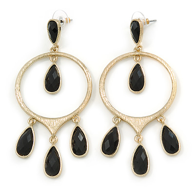 Gold Tone Hoop Earrings With Black Acrylic Bead Dangles - 80mm L