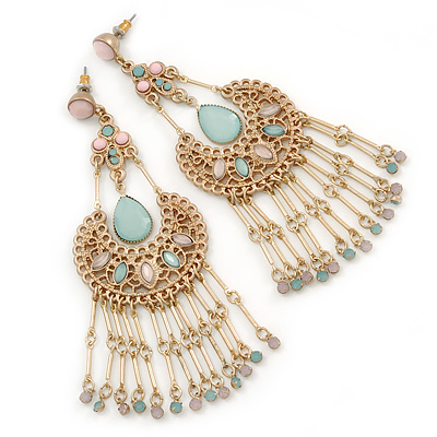 Vintage Inspired Pale Pink/ Pale Green Acrylic Bead Chandelier Earrings In Gold Tone - 10cm L