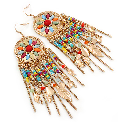 Multicoloured Bead, Chain Dangle Chandelier Earrings In Gold Plating - 13cm L