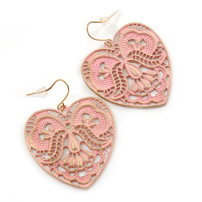 Light Pink Lacy Heart Drop Earrings In Gold Tone - 50mm L