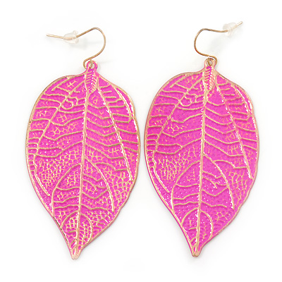 Deep Pink Enamel Etched Leaf Drop Earrings In Gold Tone - 75mm L