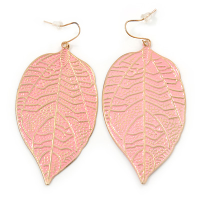 Baby Pink Enamel Etched Leaf Drop Earrings In Gold Tone - 75mm L - main view