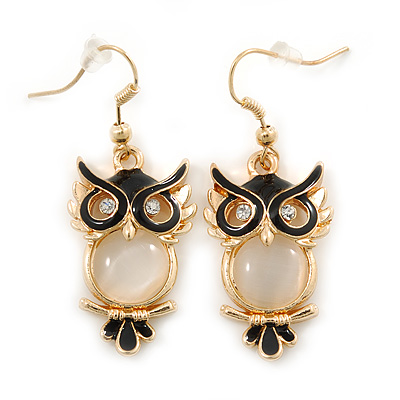 Gold Tone Black Enamel, Cat's Eye Stone Owl Drop Earrings - 45mm L