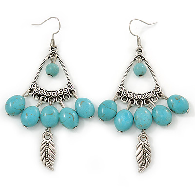 Vintage Inspired Turquoise Stone with Feather Drop Earrings - 70mm L