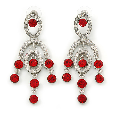 Stunning Bright Red/ Clear Austrian Crystal Chandelier Earrings In Rhodium Plating - 70mm L