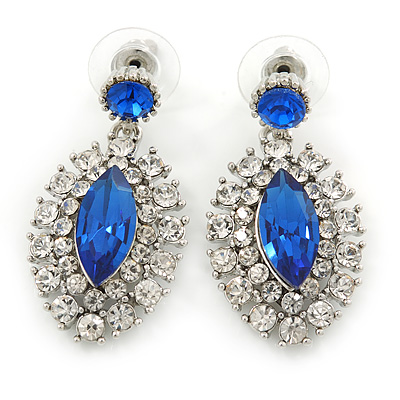 Prom/ Bridal Sapphire Blue/ Clear Austrian Crystal Oval Drop Earrings In Rhodium Plating - 38mm L