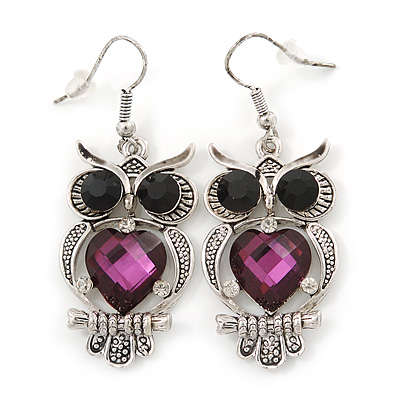 Black/ Purple Crystal Owl Drop Earrings In Silver Tone - 50mm L