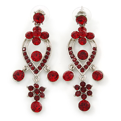 Ruby Red Austrian Crystal Chandelier Earrings In Rhodium Plating - 60mm L