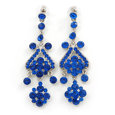 Long Sapphire Blue Austrian Crystal Chandelier Earrings In Rhodium Plating - 90mm L
