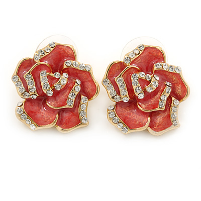 Pink Enamel Crystal Rose Stud Earrings In Gold Tone - 20mm Diameter