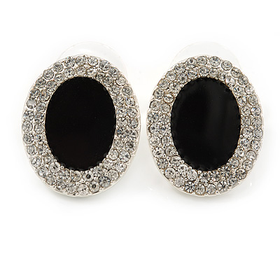 Crystal, Black Enamel Oval Stud Earrings In Rhodium Plating - 20mm L - main view