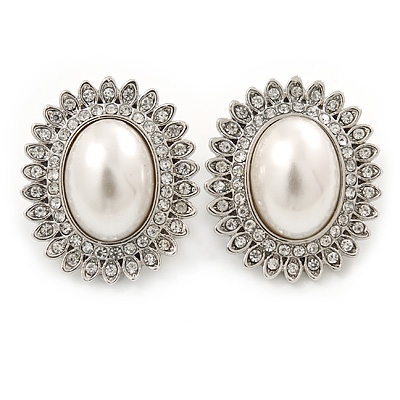Large Crystal, Pearl Oval Shape Clip On Stud Earrings In Rhodium Plating - 30mm L