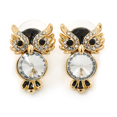 Crystal, Black Enamel Owl Stud Earrings In Gold Plating - 20mm L