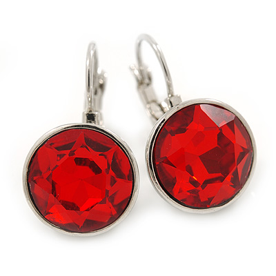 Red Faceted, Glass Round Drop Earrings In Silver Tone With Leverback Closure - 25mm L