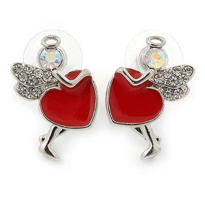 Funky Crystal Fairy with Red Enamel Heart Stud Earrings In Rhodium Plating - 23mm L