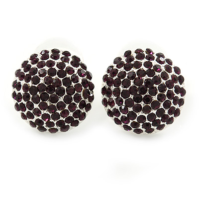 Button Shape Deep Purple Crystal Stud Earrings In Rhodium Plating - 20mm D