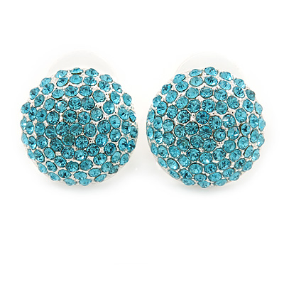Button Shape Light Blue Crystal Stud Earrings In Rhodium Plating - 20mm D