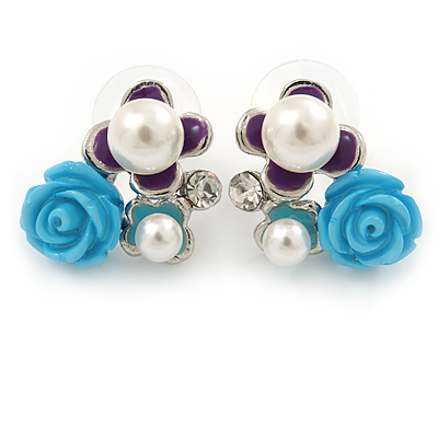 Blue, Purple, Glass Pearl Floral Stud Earrings In Rhodium Plating - 20mm L