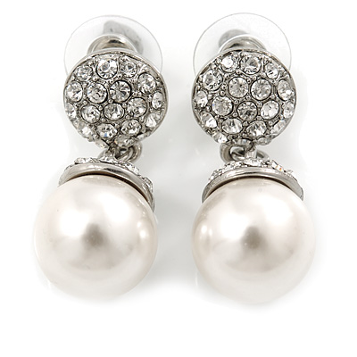 Bridal/ Prom/ Wedding Glass Pearl, Clear Crystal Acorn Drop Earrings In Rhodium Plating - 35mm L