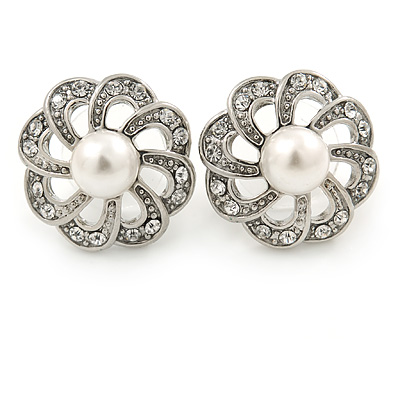 Clear Crystal, White Pearl Flower Stud Earrings In Silver Tone - 20mm D