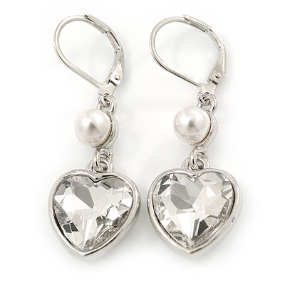 Clear Crystal Heart Drop Earrings In Silver Tone Metal with Leverback Closure - 40mm L