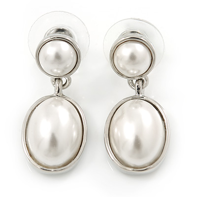 Bridal/ Prom/ Wedding Glass Pearl Oval Drop Earrings In Silver Tone - 30mm L