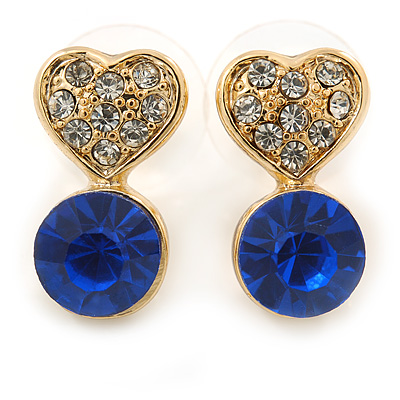Small Clear/ Sapphire Crystal Heart Stud Earrings In Gold Plating - 18mm L