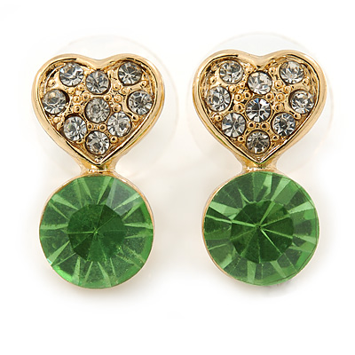 Small Clear/ Light Green Crystal Heart Stud Earrings In Gold Plating - 18mm L - main view
