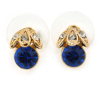 Tiny Sapphire/ Clear Round Cut Crystal Stud Earrings In Gold Plating - 10mm