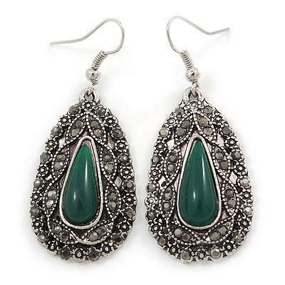 Teardrop Hematite Crystal, Green Resin Drop Earrings In Silver Tone - 50mm L