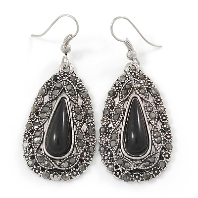 Teardrop Hematite Crystal, Black Resin Drop Earrings In Silver Tone - 50mm L