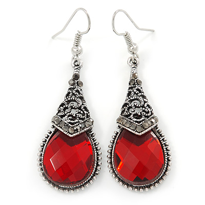 Marcasite Hematite Crystal, Red Glass, Filigree Teardrop Earrings - 53mm L